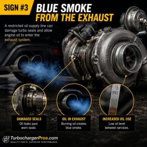 Infographic showing sign #3 of a restricted turbo oil supply line: blue smoke from the exhaust caused by damaged turbo seals, oil entering the exhaust system, and increased engine oil consumption.