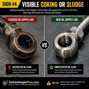 Side-by-side comparison of a clogged turbo oil supply line and a new replacement oil supply line. The clogged line contains heavy carbon deposits and sludge that restrict oil flow, while the clean line shows a clear, unobstructed passage for proper lubrication. The image illustrates how carbon buildup can starve a turbocharger of oil and contribute to premature component wear and failure.