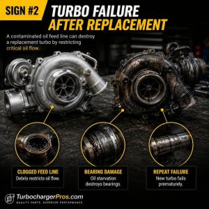 Infographic showing sign #2 of a restricted turbo oil supply line: turbo failure after replacement caused by a clogged oil feed line, bearing damage from oil starvation, and premature failure of a new turbocharger.