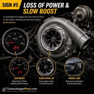 Infographic showing sign #5 of a restricted turbo oil supply line: loss of power and slow boost response caused by low boost pressure, delayed turbo spool-up, and reduced engine performance.
