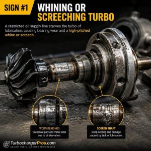 High-resolution close-up of a turbocharger shaft and bearing assembly showing severe scoring, metal wear, and lubrication damage caused by oil starvation. Insets highlight worn bearings and shaft damage that commonly produce whining or screeching turbo noises when a turbo oil supply line becomes restricted.