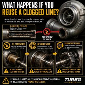 Automotive infographic showing how a clogged turbo oil feed line can lead to oil starvation, bearing wear, and premature turbocharger failure. The graphic includes a restricted oil flow cutaway, damaged turbo bearings, and warning callouts explaining the progression from contamination to turbo failure.